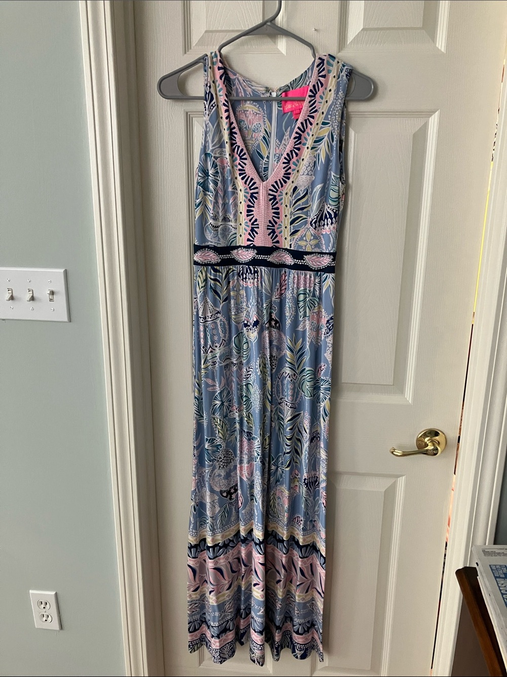 Lilly Pulitzer Blue Floral V‑Neck Maxi with Pink Trim